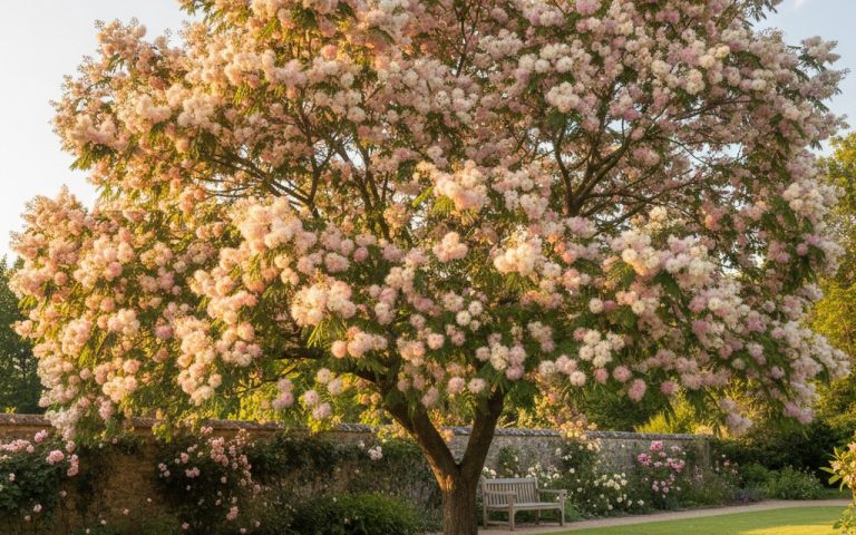 Albizia en floraison avec pompons roses et blancs dans un jardin ensoleillé.