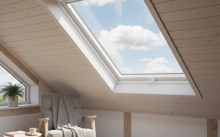 Fenêtre de toit VELUX avec clapet de ventilation ouvert dans un intérieur de combles lumineux.