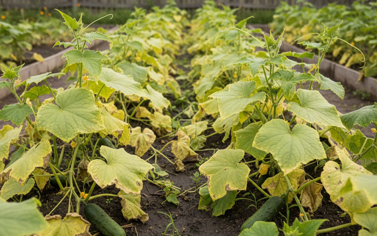 Jardin de concombres avec des feuilles jaunies, symptômes de carences et excès d'eau.