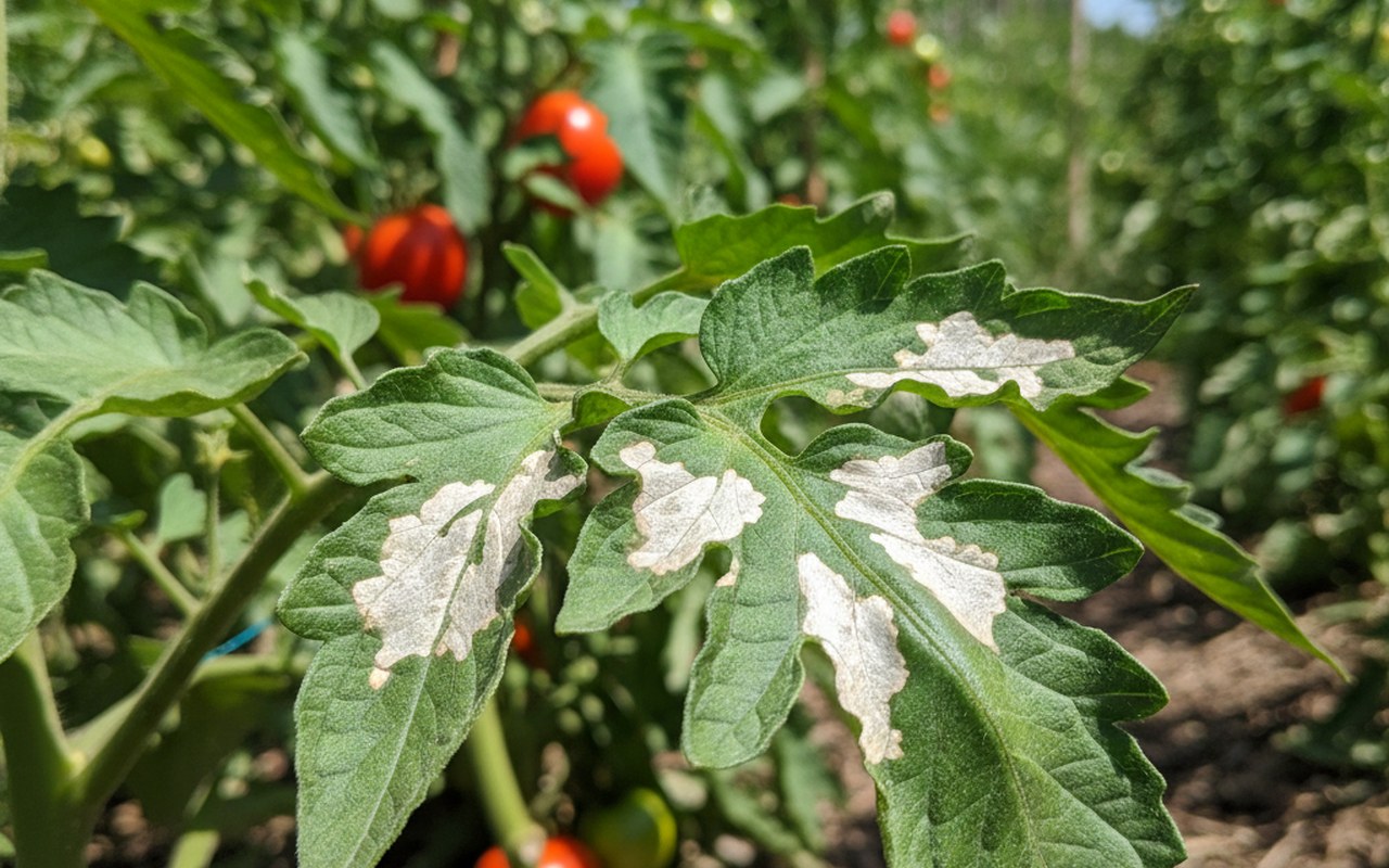 Feuille de tomate avec taches de coup de soleil dans un jardin ensoleillé.
