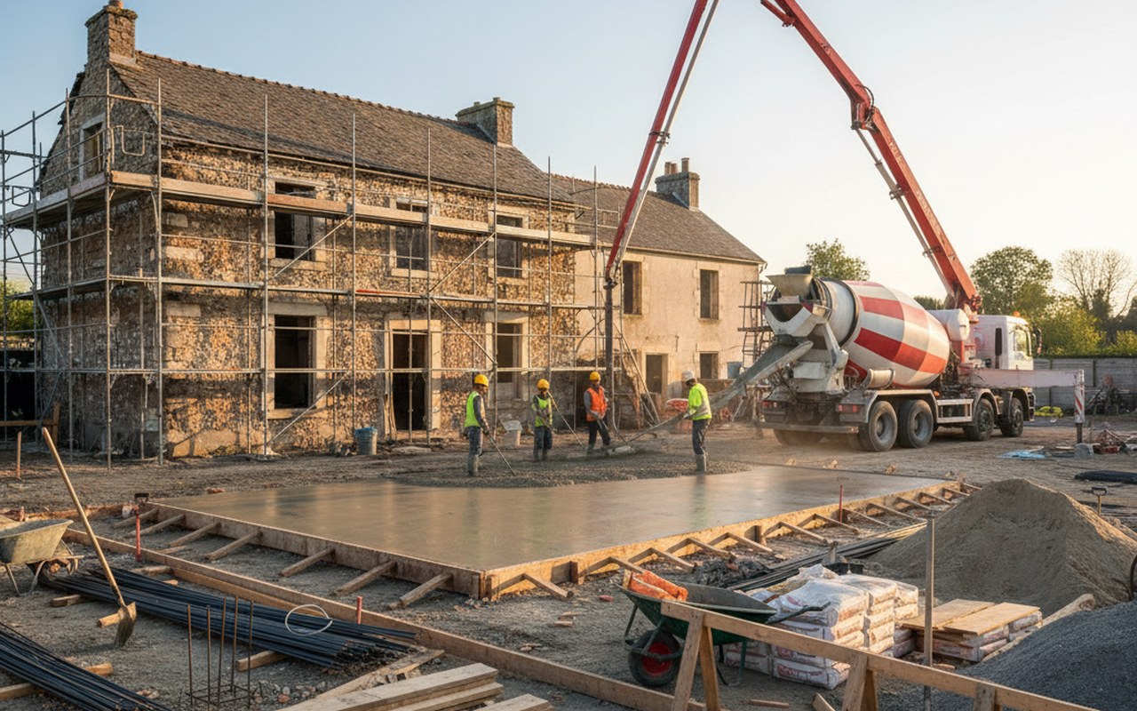 Chantier de rénovation d'une maison ancienne avec dalle en béton en cours de coulage.