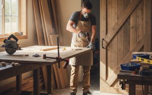 Un bricoleur fabrique une porte coulissante en bois dans son atelier.