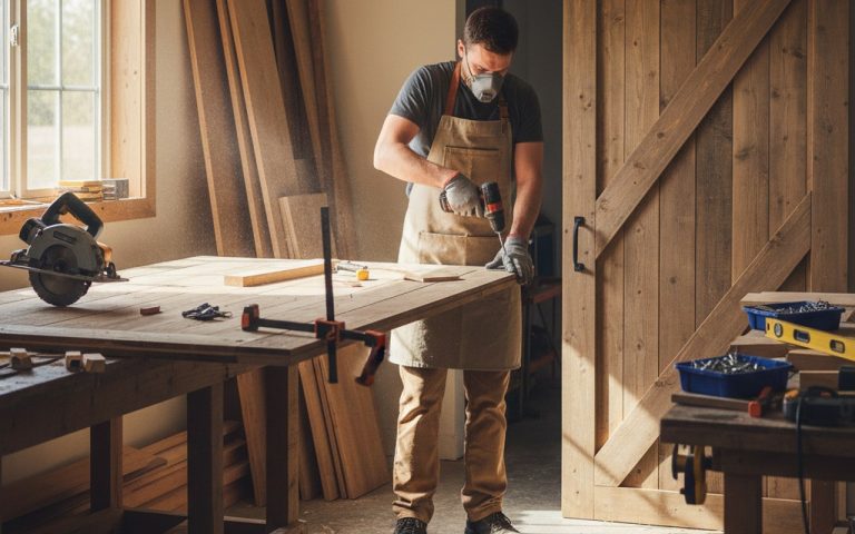 Un bricoleur fabrique une porte coulissante en bois dans son atelier.