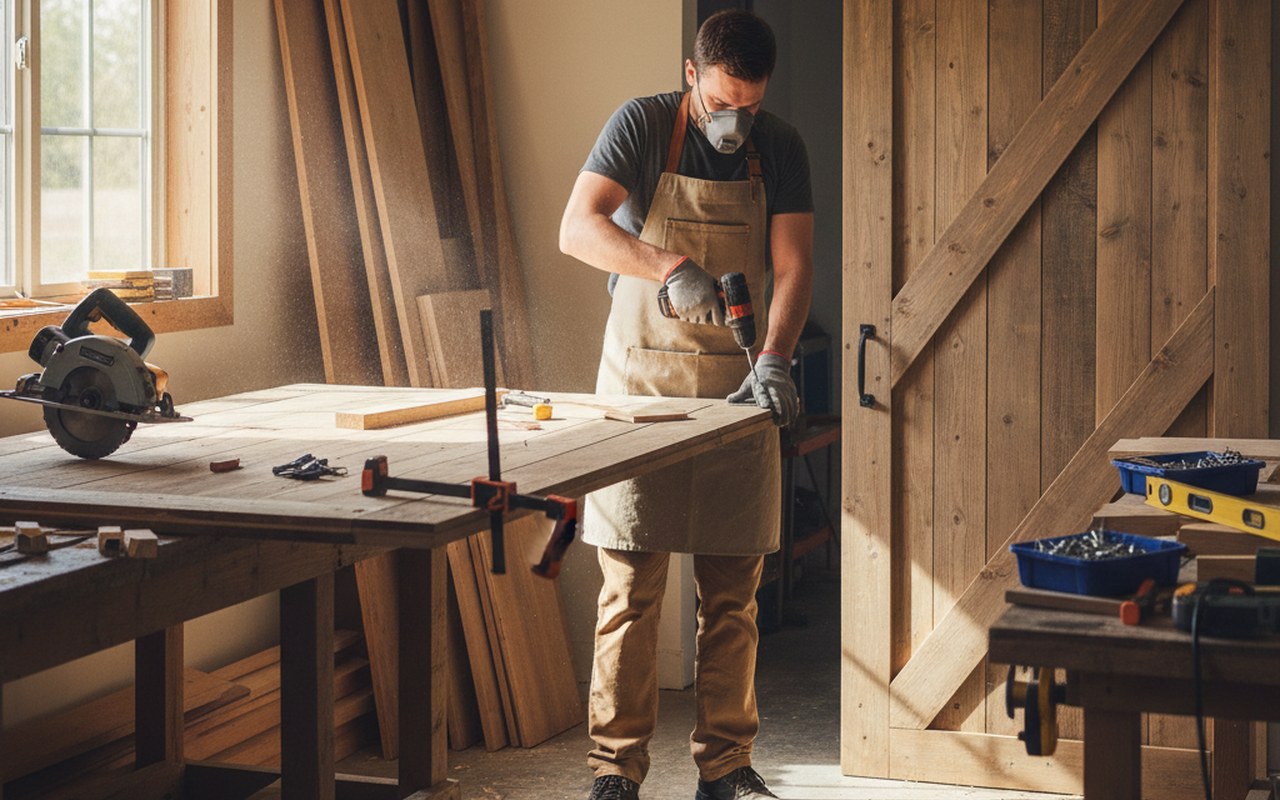 Un bricoleur fabrique une porte coulissante en bois dans son atelier.