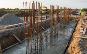 Chantier de construction de fondations pour un muret avec béton et ferraillage.