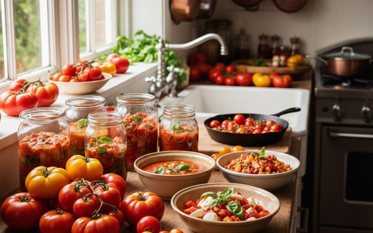 Cuisine avec tomates fraîches et bocaux stérilisés, illustrant la conservation et la cuisine.