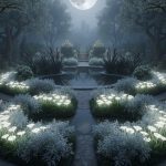 Un jardin sous la lune, illustrant l'influence des phases lunaires sur la croissance des plantes.