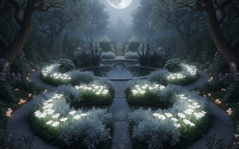 Un jardin sous la lune, illustrant l'influence des phases lunaires sur la croissance des plantes.