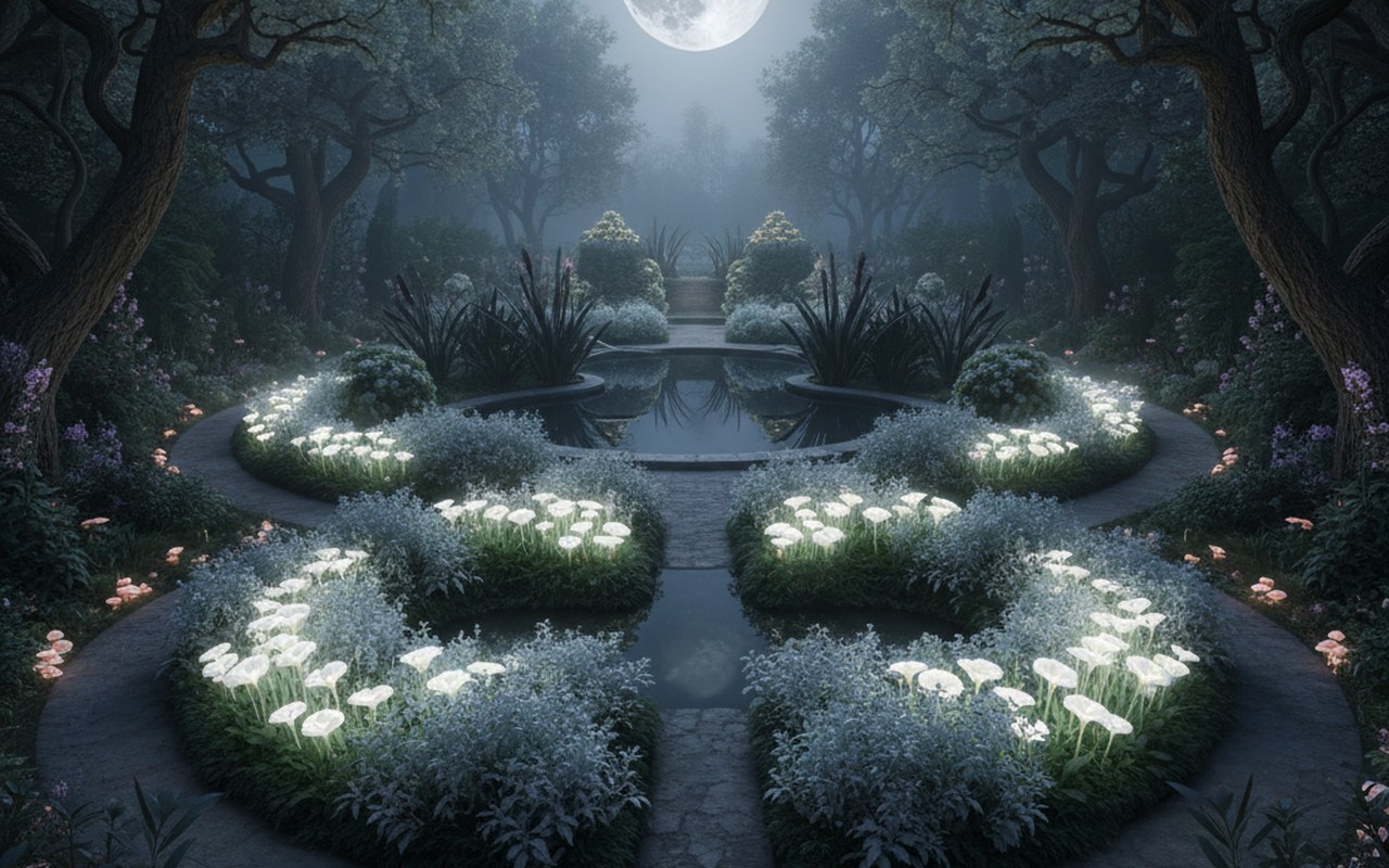 Un jardin sous la lune, illustrant l'influence des phases lunaires sur la croissance des plantes.