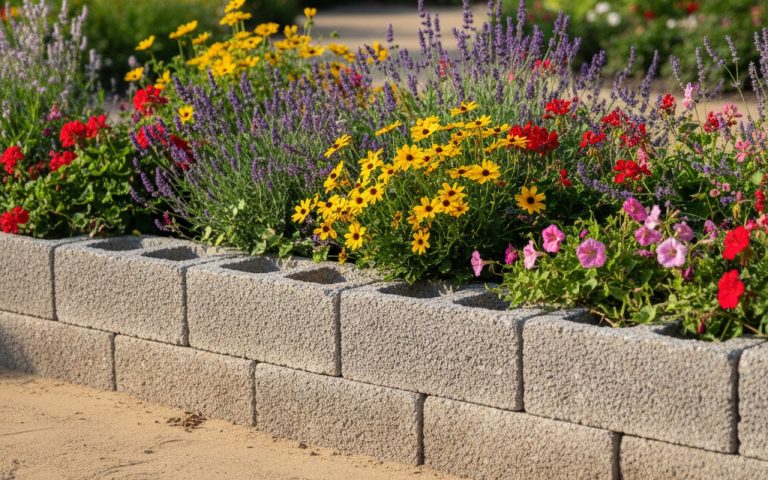 Jardinière en parpaing sans fondation sur un terrain préparé avec des plantes florissantes.