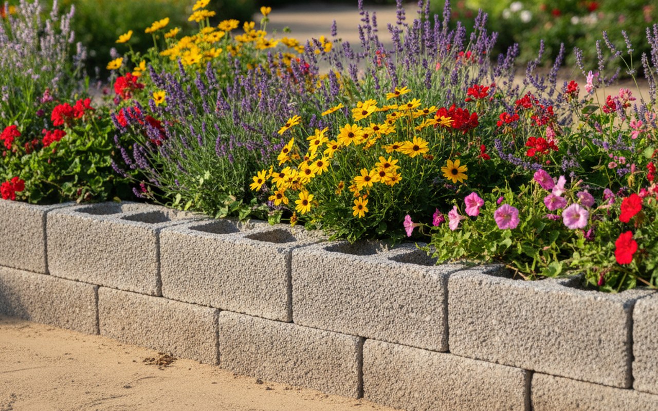 Jardinière en parpaing sans fondation sur un terrain préparé avec des plantes florissantes.