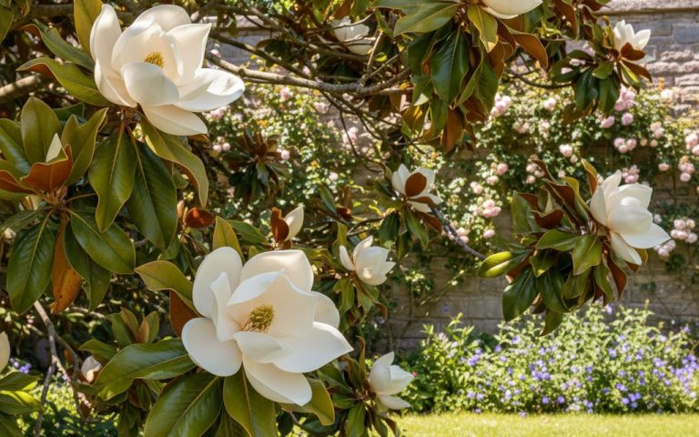 Magnolia grandiflora en fleur avec feuillage vert foncé dans un jardin ensoleillé.