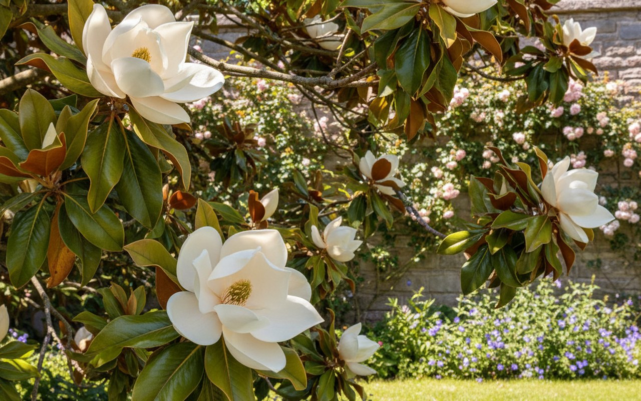 Magnolia grandiflora en fleur avec feuillage vert foncé dans un jardin ensoleillé.