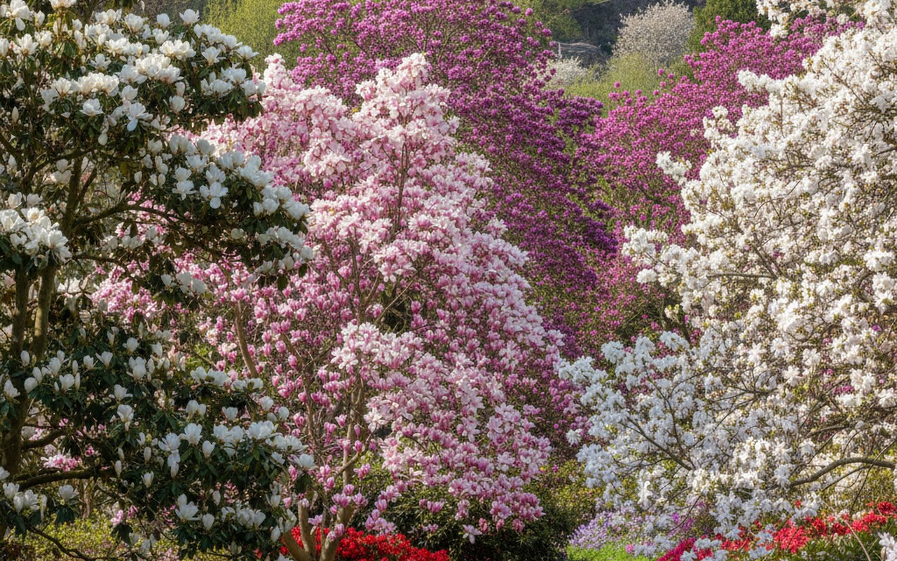 Jardin avec différentes variétés de magnolias en fleurs, illustrant leur beauté et diversité.