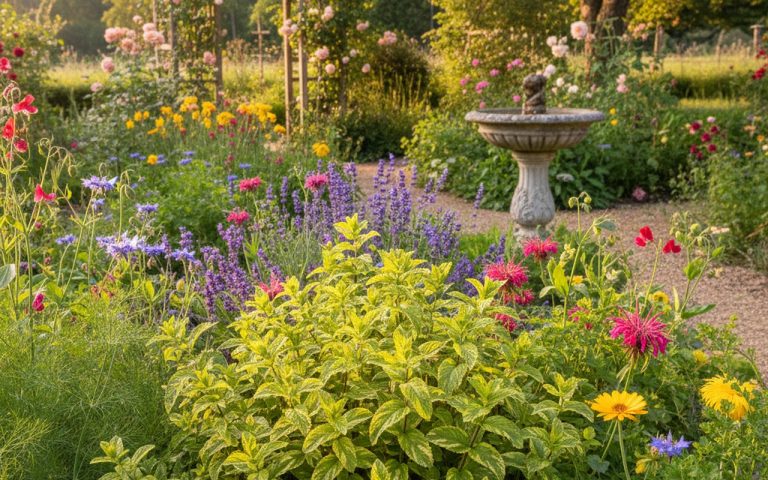 Jardin ensoleillé avec des plants de menthe citronnée aux feuilles panachées.
