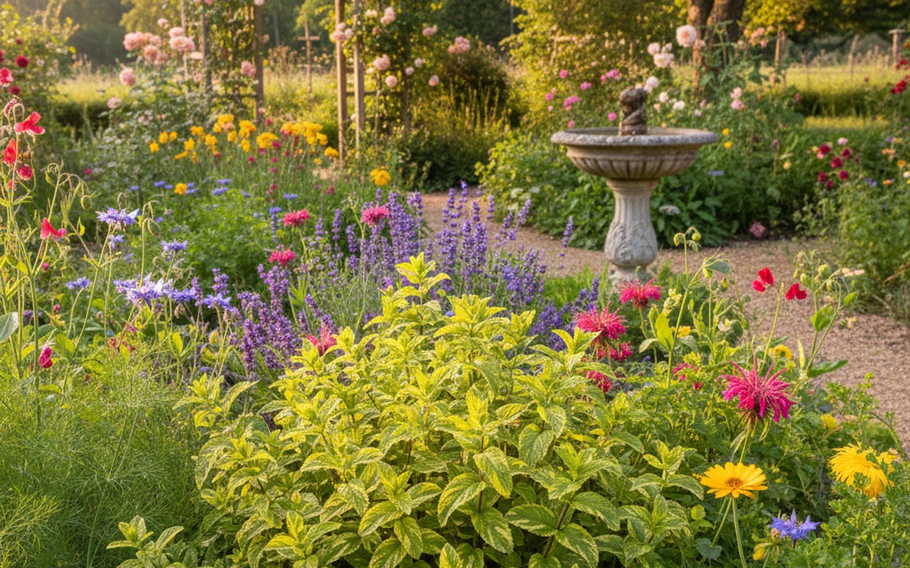 Jardin ensoleillé avec des plants de menthe citronnée aux feuilles panachées.