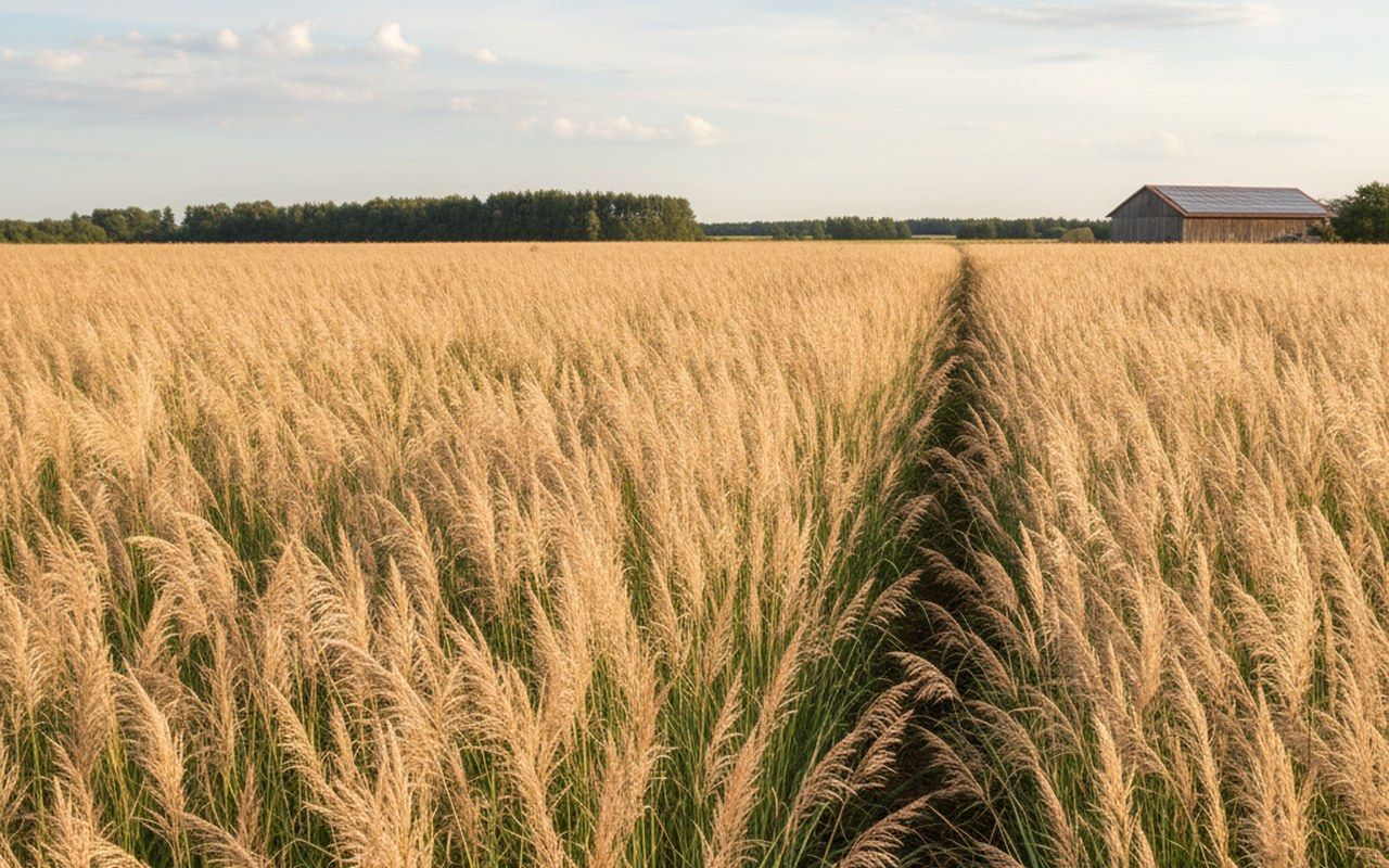 Champ de miscanthus giganteus en pleine croissance sous un ciel ensoleillé.