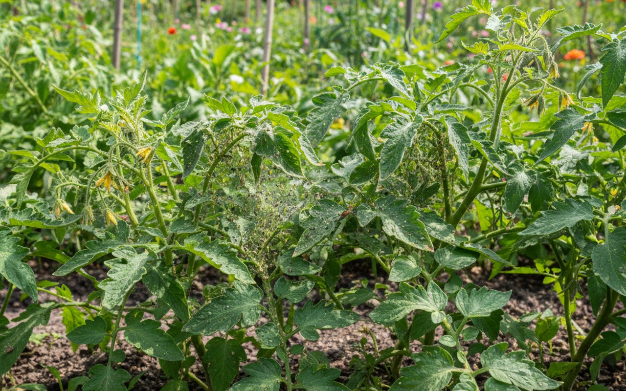 Infestation de moucherons sur des plants de tomates dans un potager.