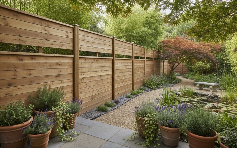 Mur anti-bruit en bois naturel dans un jardin, créant un espace calme.