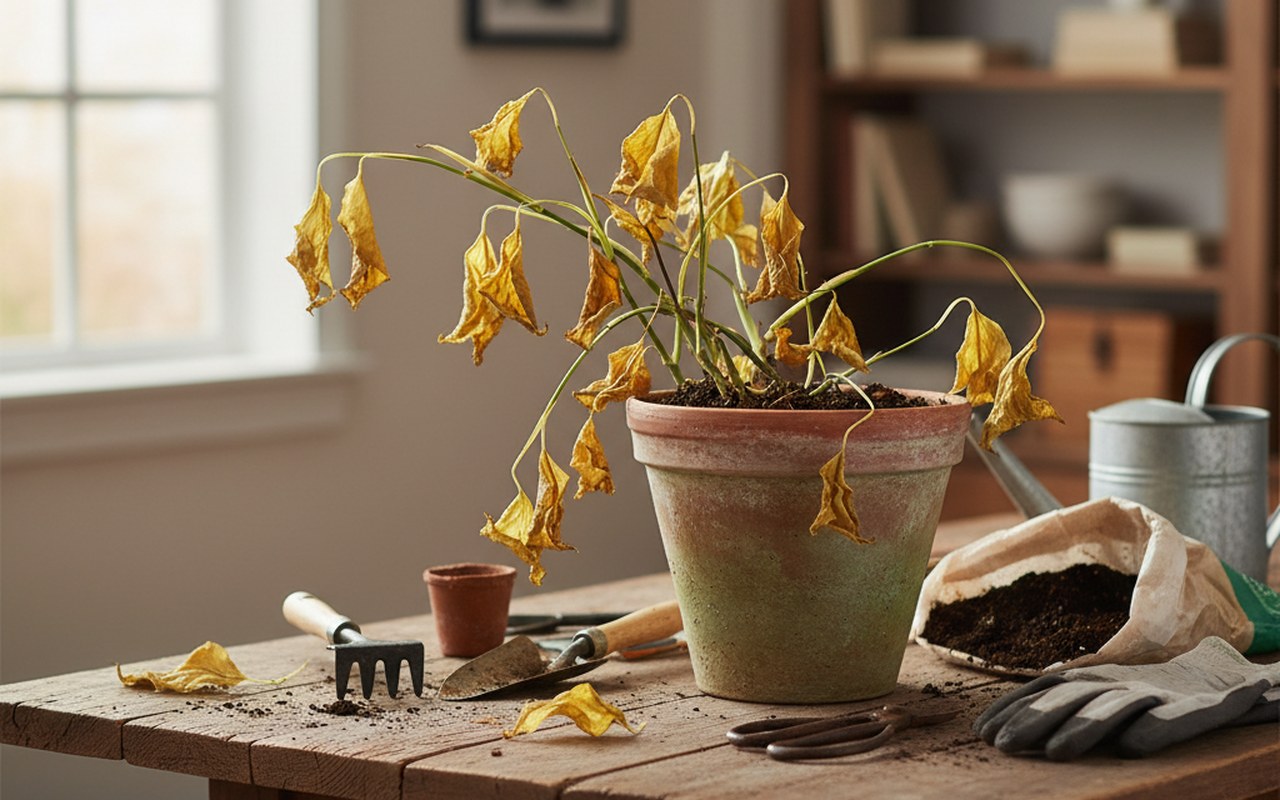 Plante en pot avec feuilles jaunies et molles, symptômes de choc après rempotage.