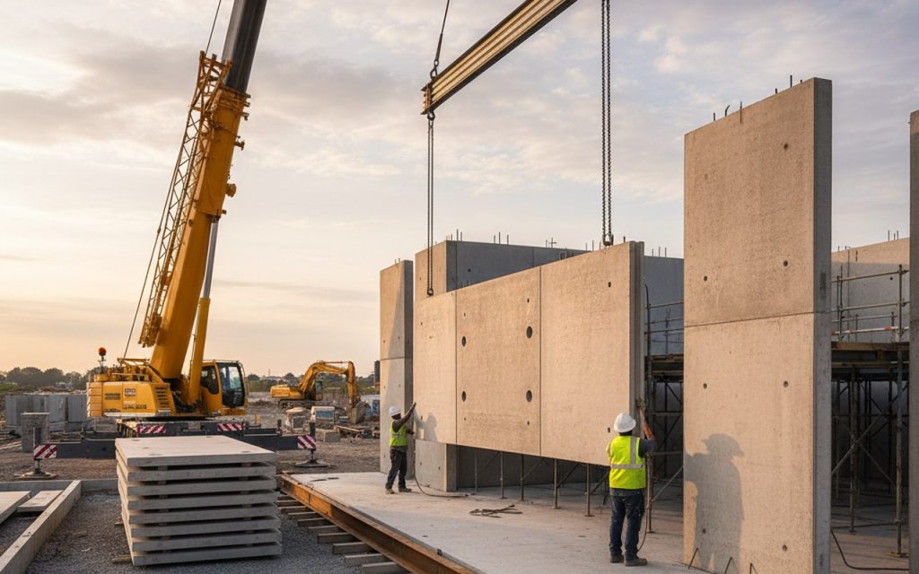 Installation de murs préfabriqués en béton sur un chantier de construction.
