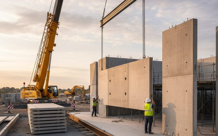 Installation de murs préfabriqués en béton sur un chantier de construction.
