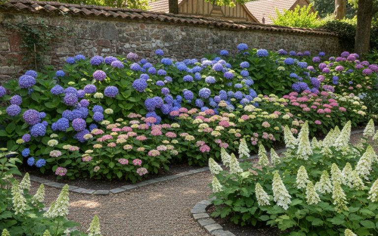 Différentes variétés d'hortensias plantées à des distances appropriées d'un mur dans un jardin.