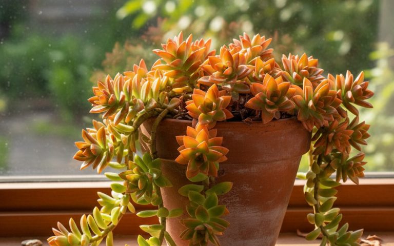 Sedum nussbaumerianum sur un rebord de fenêtre, feuilles colorées au soleil.