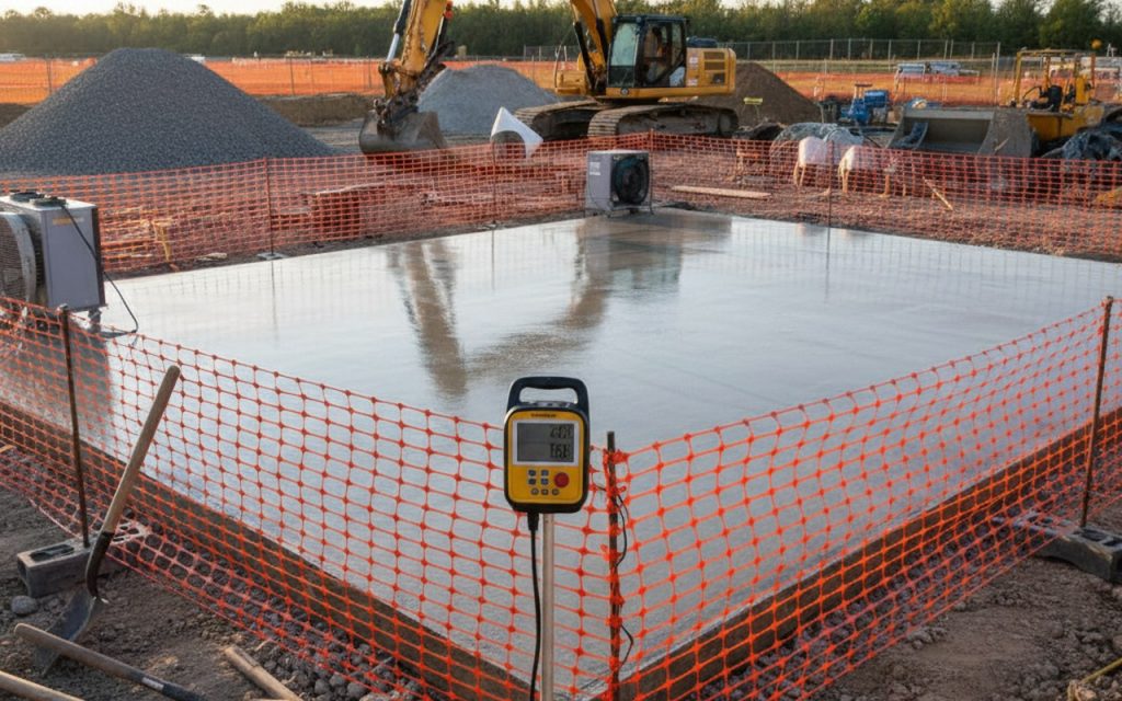 Chantier avec dalle béton de 15 cm en cours de séchage, matériel de construction autour.