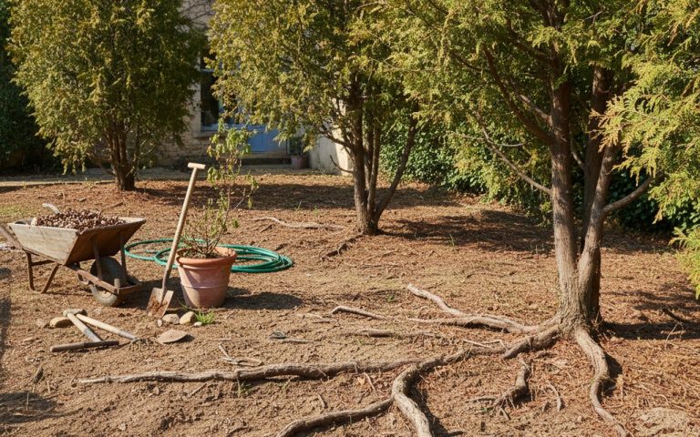 Jardin avec thuyas et racines peu profondes, sol compacté et outils de jardinage.