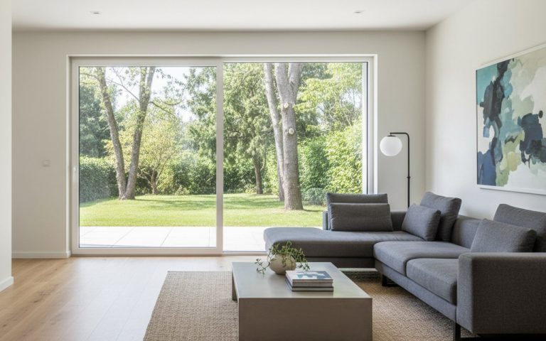 Fenêtre coulissante en PVC dans un intérieur moderne, apportant lumière et espace.