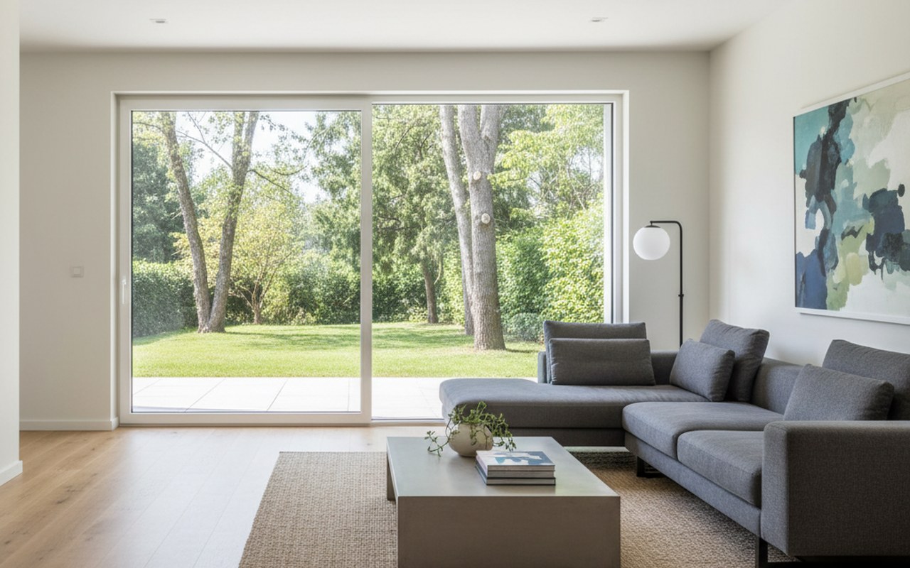 Fenêtre coulissante en PVC dans un intérieur moderne, apportant lumière et espace.