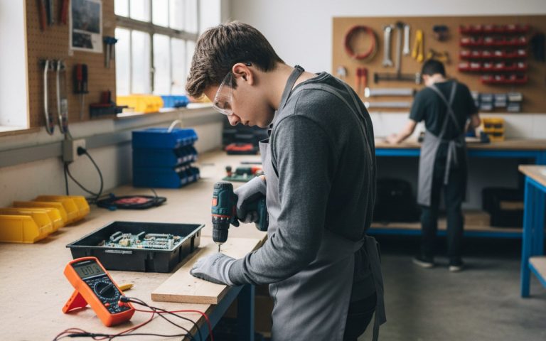 Étudiant en bricolage utilisant des outils de base dans un atelier de formation.
