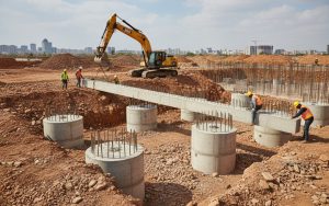 Installation de longrines en béton armé sur un terrain hétérogène pour une fondation stable.