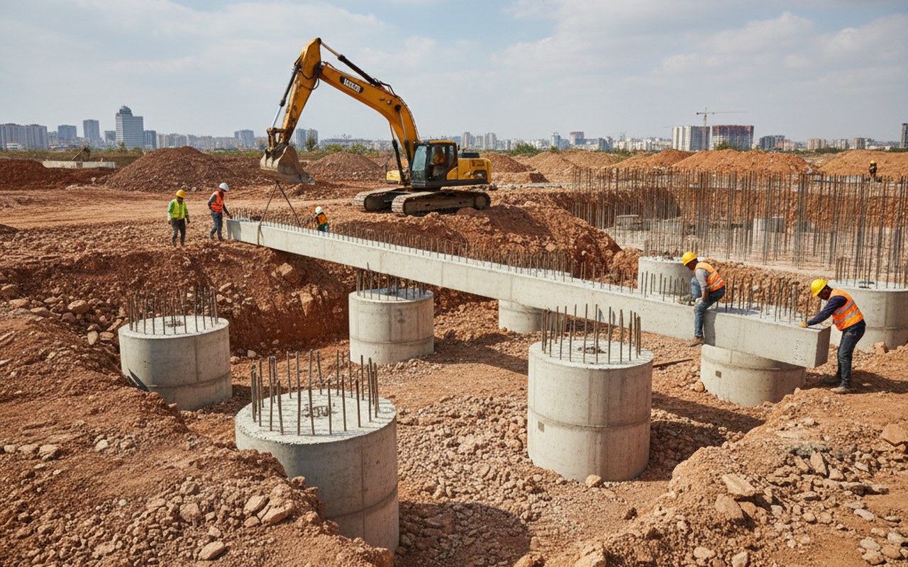 Installation de longrines en béton armé sur un terrain hétérogène pour une fondation stable.