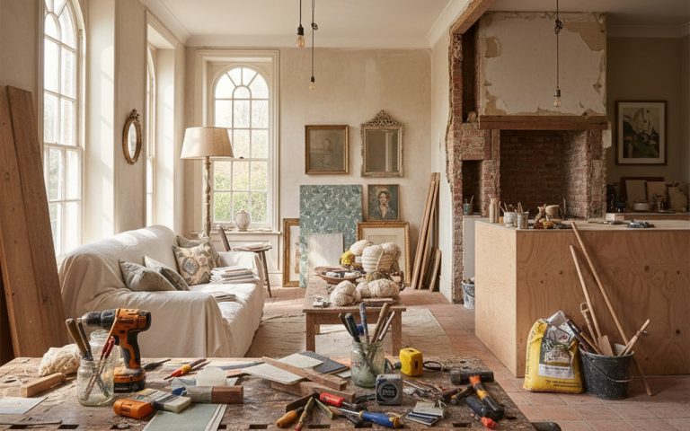 Intérieur de maison en rénovation avec matériaux et outils de bricolage