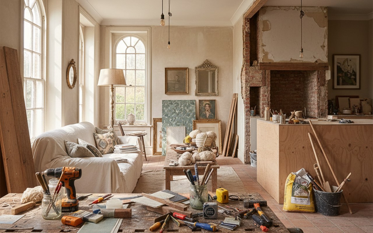 Intérieur de maison en rénovation avec matériaux et outils de bricolage