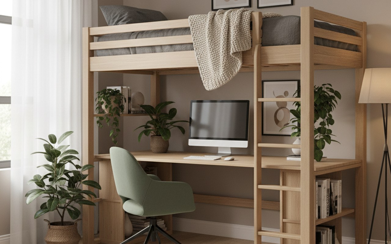 Chambre adulte avec lit mezzanine en bois et espace de travail en dessous.
