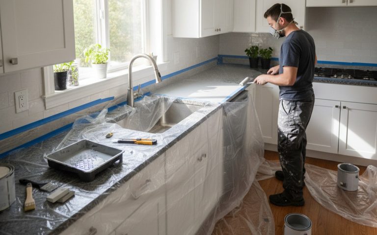 Bricoleur peignant un plan de travail en stratifié dans une cuisine moderne.