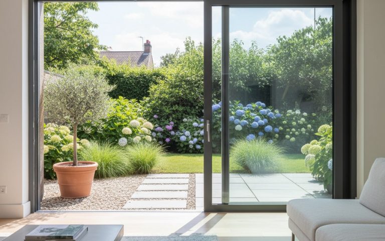 Porte-fenêtre coulissante en aluminium ouverte sur un jardin lumineux, illustrant l'harmonie intérieure-extérieure.
