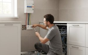 Installation d'une prise 16A pour lave-vaisselle dans une cuisine moderne.