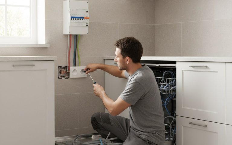 Installation d'une prise 16A pour lave-vaisselle dans une cuisine moderne.