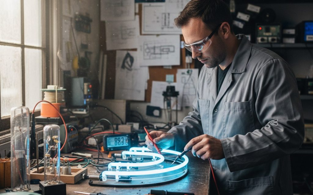 Technicien testant un tube néon avec un multimètre dans un environnement de travail.